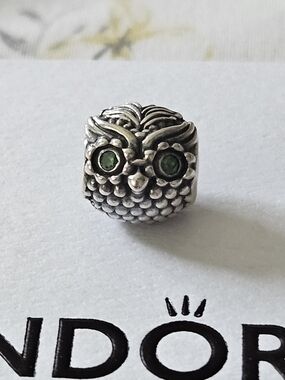 Pandora Silver Owl Charm with Green Eyes